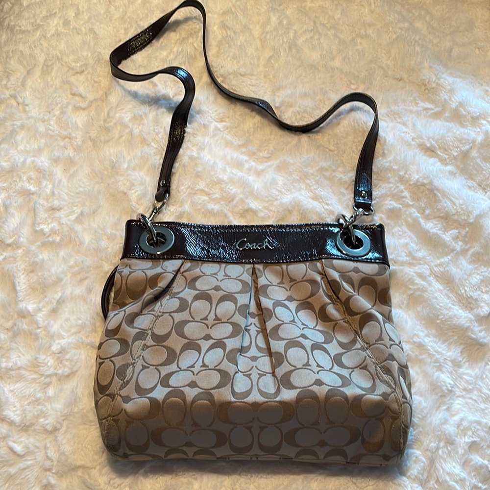 Coach Khaki Signature and Brown Patent Trim Crossbody Bag